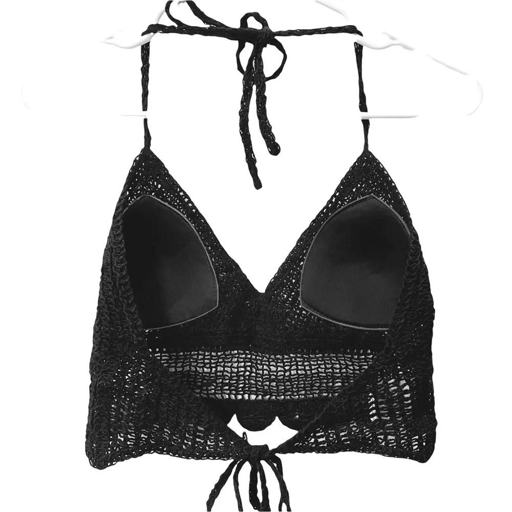 Boho Style Crochet Halter Top Bralette Black - Picture 3 of 13